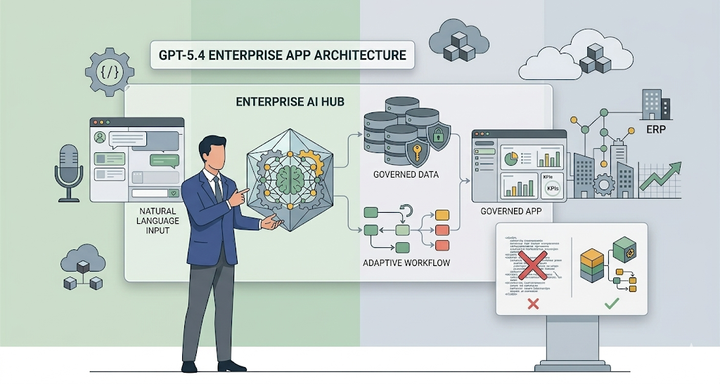 GPT-5.4 enterprise app architecture connecting natural language input, governed data, adaptive workflows, governed applications, and ERP systems