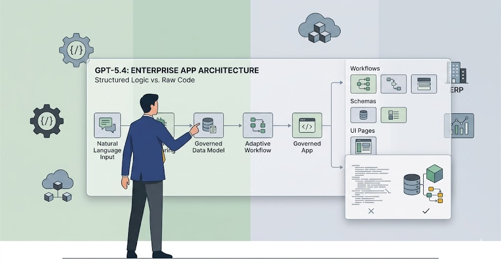 GPT-5.4 enterprise app architecture showing structured logic, governed data models, adaptive workflows, UI pages, and ERP-connected applications instead of raw code