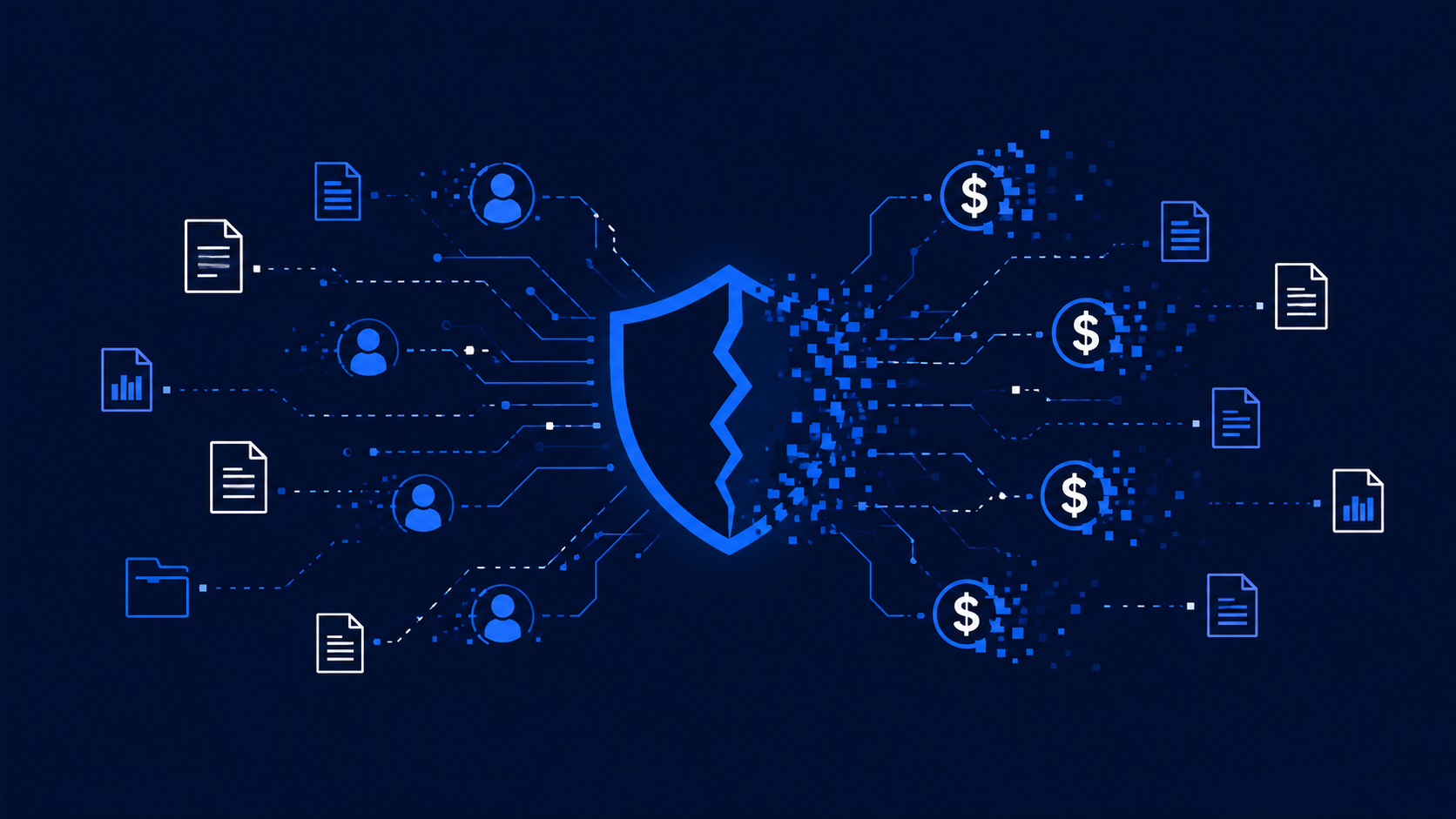 Shadow AI data flows showing sensitive documents, user data, and financial information moving through an unprotected security layer