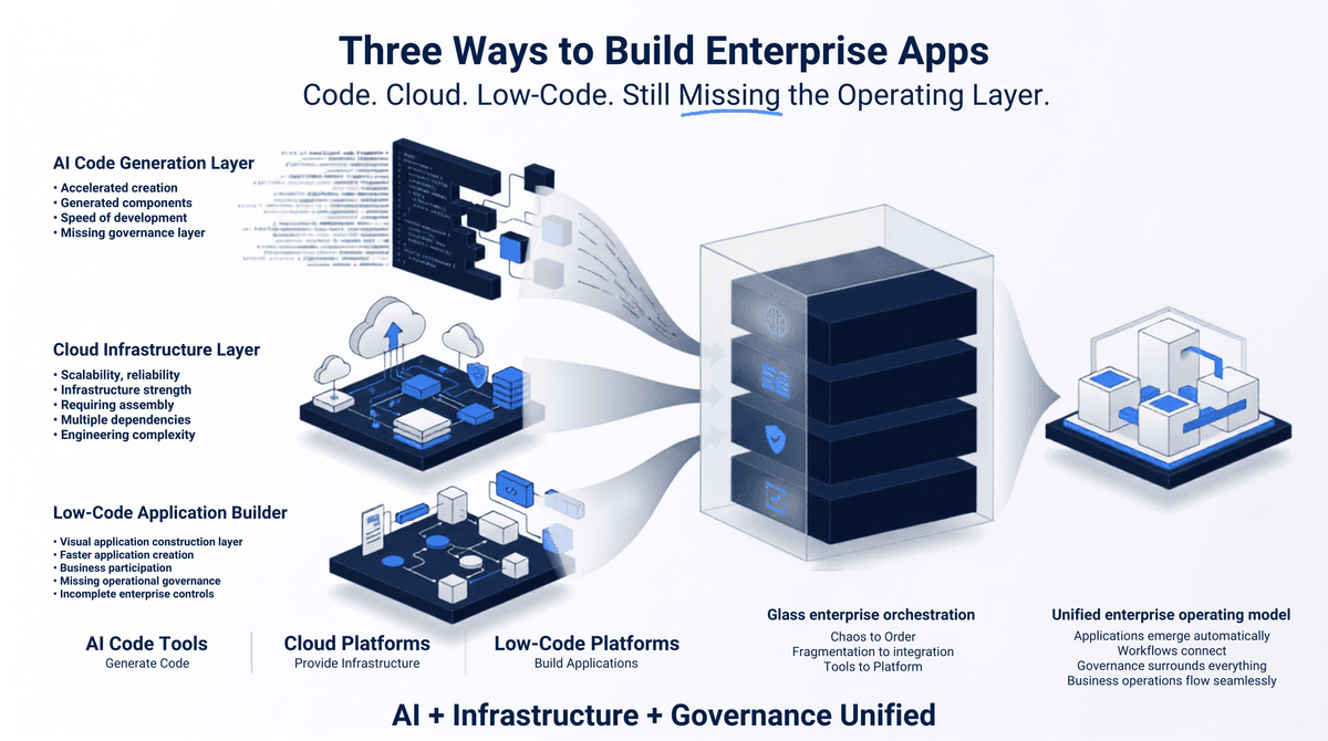 A diagram outlining three ways to build enterprise apps: AI code generation layer, cloud infrastructure layer, and low-code application builder, leading to glass enterprise orchestration and a unified enterprise operating model.