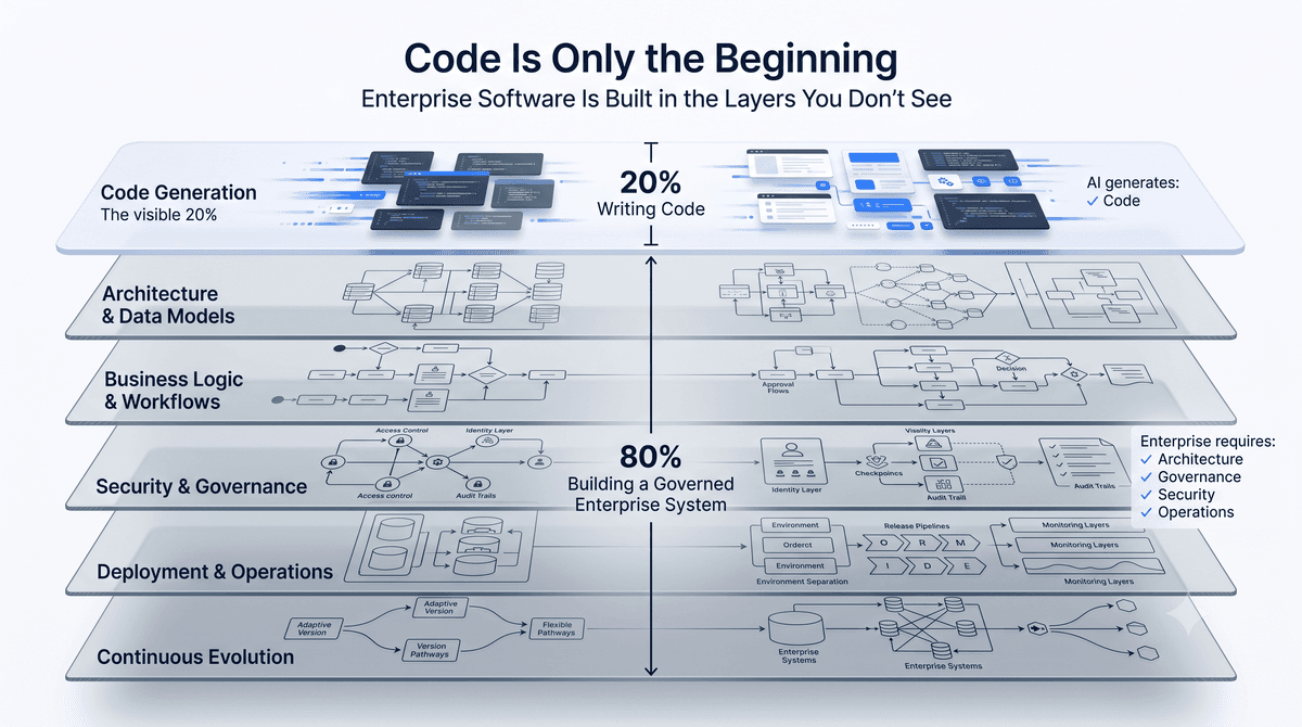 A detailed breakdown showing how 20% of enterprise software is writing code, while 80% is building a governed system with architecture, workflow, security, deployment, and continuous evolution.